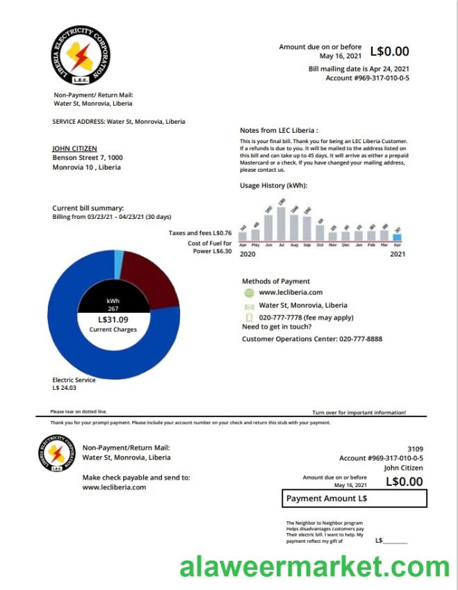 Liberia Electricity Corporation utility bill template in Word and PDF format